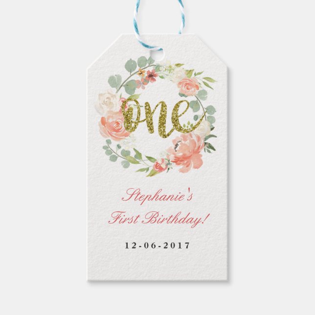 Regalos Etiquetas de flor de oro rosado para el primer cum (Anverso)
