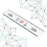 Regla Peace Love Science Ruler con nombre personalizado<br><div class="desc">Hacer que los deberes de medición y matemáticas sean más divertidos con nuestro gobernante personalizado de Peace Love Science. Este gobernante plástico duradero presenta un diseño vibrante que incluye un símbolo de paz, un ilustracion de experimentos cardíacos y químicos que representan la ciencia. Cada lado del diseño decorativo es personalizado...</div>