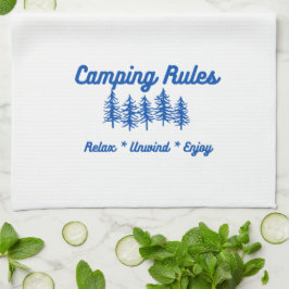 Reglas de camping en una toalla de cocina