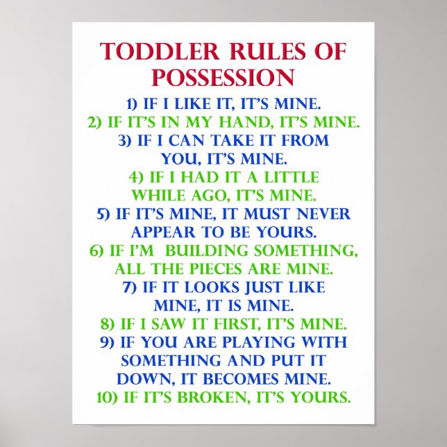 Reglas de posesión para niños pequeños Señal carte (Frente)