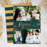 Regocijarse | Tarjeta de Navidades de grupo | Faux<br><div class="desc">Los elementos decorativos de Relieve metalizado de oro falso crean un efecto elegante para estas cuatro elegantes tarjetas de vacaciones de fotos en verde. Fácil de personalizar con sus propias fotos y texto!</div>