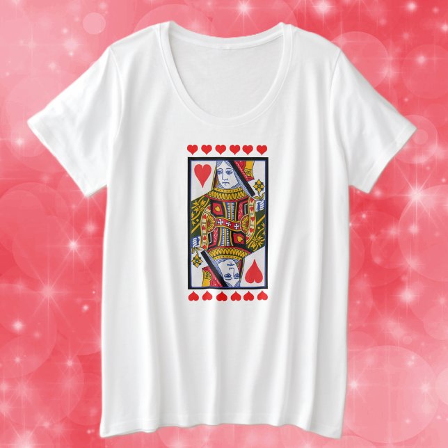Reina de corazón fantasmal jugando cartas corazone (Heart Queen colourful and ornate playing card with red hearts on white plus sized womans tee shirt.)