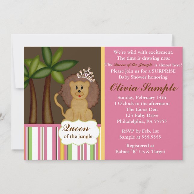 Reina de la invitación de Baby Shower de la selva (Anverso)