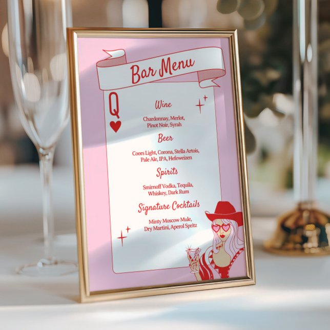 Reina de los corazones Menú Bar Rojo rosado (queen of hearts bar menu, pink red cocktail menu, bachelorette party drink sign, glam vegas bar menu)