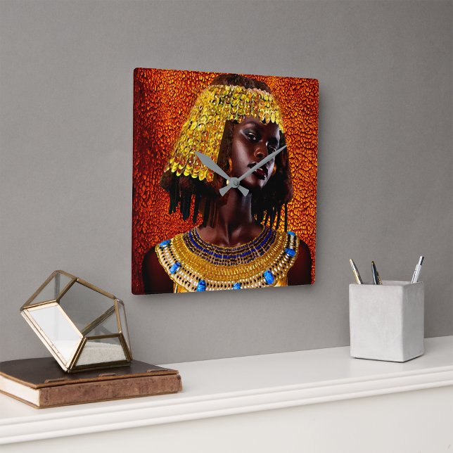 Reina Nubia • Reloj de Pared Cuadrado (Nubian Queen Square Wall Clock:
This timepiece becomes more than just a way to keep track of hours.)