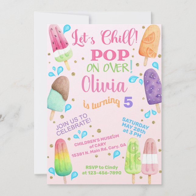 Relajemos la invitación de cumpleaños de popsicles (Anverso)
