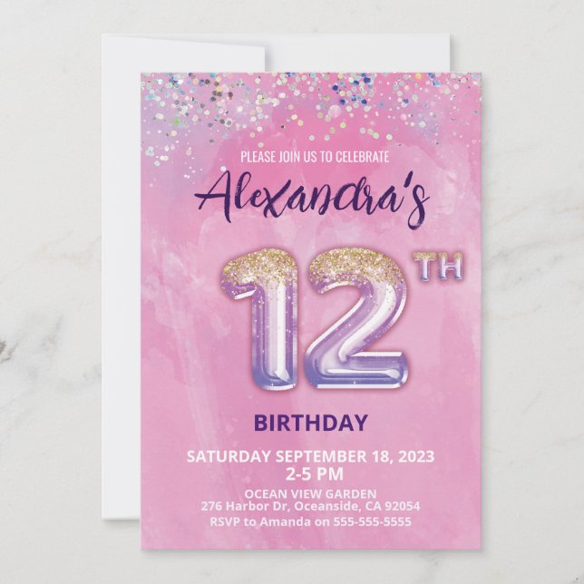 Relieve metalizado Balón Invitación a los 12 Años (Anverso)