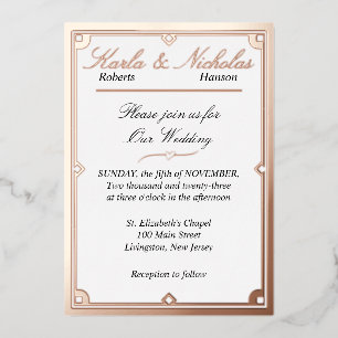 Relieve Metalizado Boda Art Déco Blanca Elegante. Invitación con Hoja