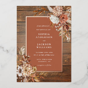 Relieve Metalizado Boda Floral Acuarela Otoñal Rústica Invitación con