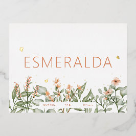 Relieve metalizado de anuncio de nacimiento con fl