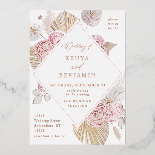 Relieve metalizado de invitación a bodas florales  (Anverso)