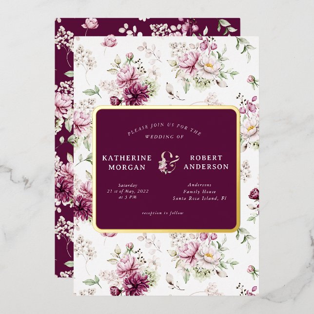 Relieve metalizado de invitación a la boda floral  (Anverso/Reverso)
