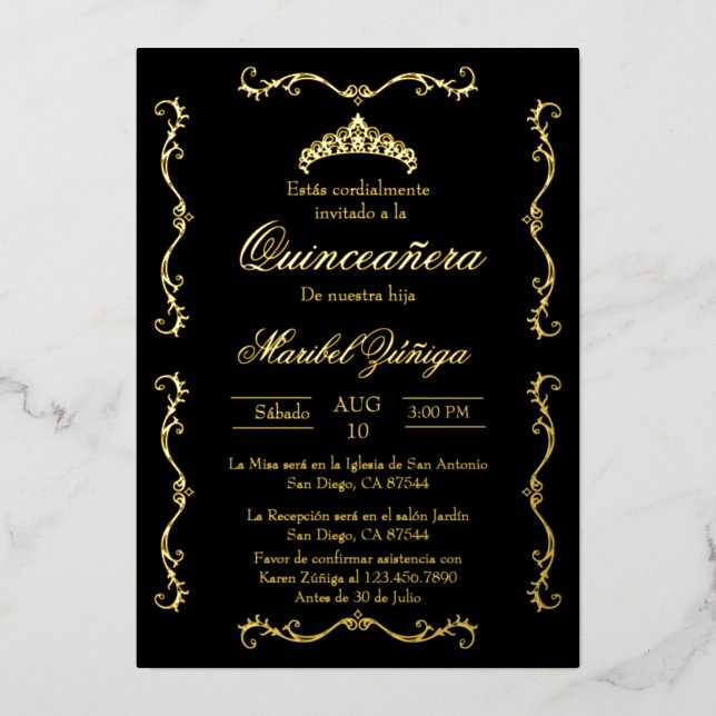 Relieve metalizado de invitación Quinceanera in (Anverso)