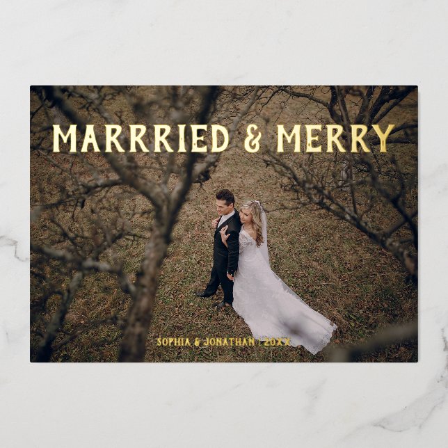 Relieve metalizado de oro casado y alegre tarjeta  (Anverso)