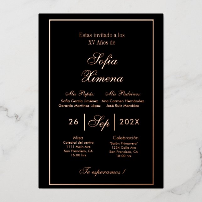 Relieve metalizado de oro Invitación de quinceañer (Anverso)
