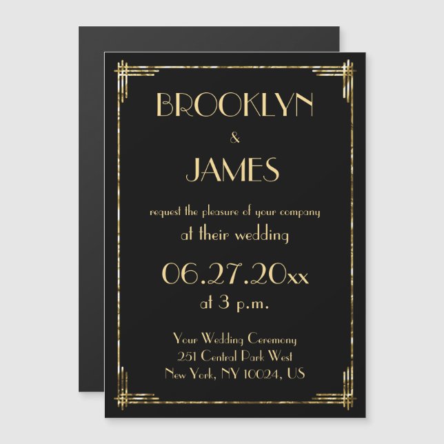 Relieve metalizado dorado Art Deco Invitaciones a  (Anverso/Reverso)