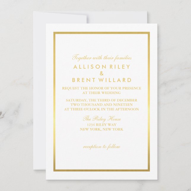 Relieve metalizado dorado de Invitación a Boda Clá (Anverso)