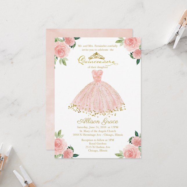 Relieve metalizado dorado de invitaciones Quincean (Anverso/Reverso In Situ)