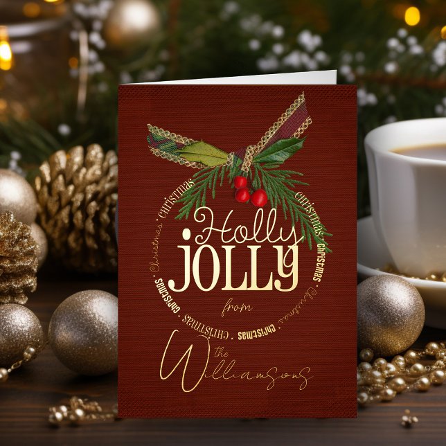 Relieve metalizado dorado de tarjetas de Navidades (Elegant vintage holly jolly Christmas Card personalized holiday card with name)