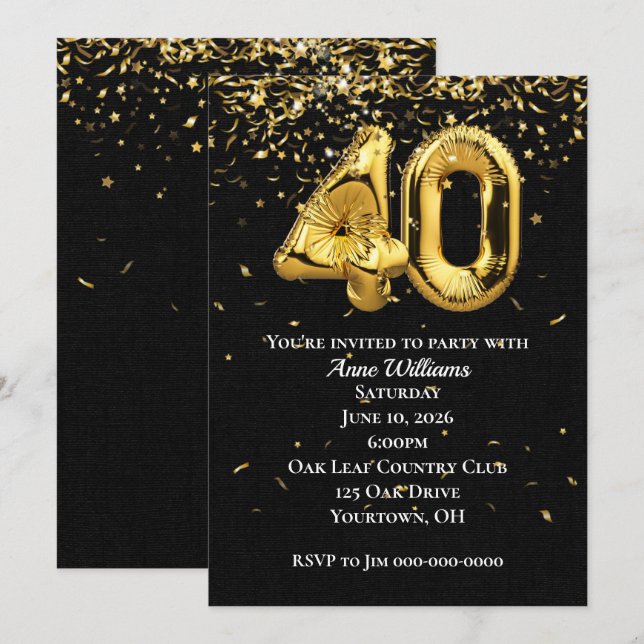 Relieve metalizado dorado Globos 40.ª invitación a (Anverso / Reverso)