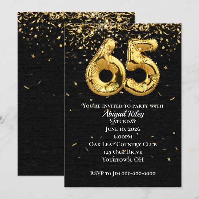 Relieve metalizado dorado Globos Invitación a la f (Anverso / Reverso)