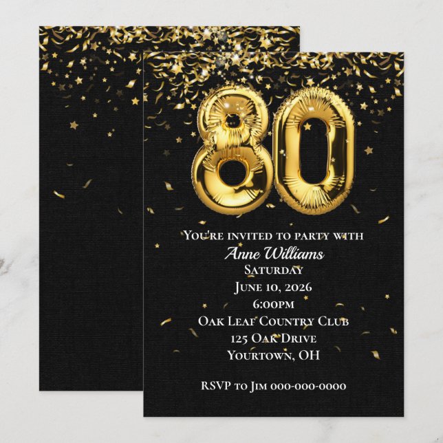 Relieve metalizado dorado Globos Invitación a la f (Anverso / Reverso)