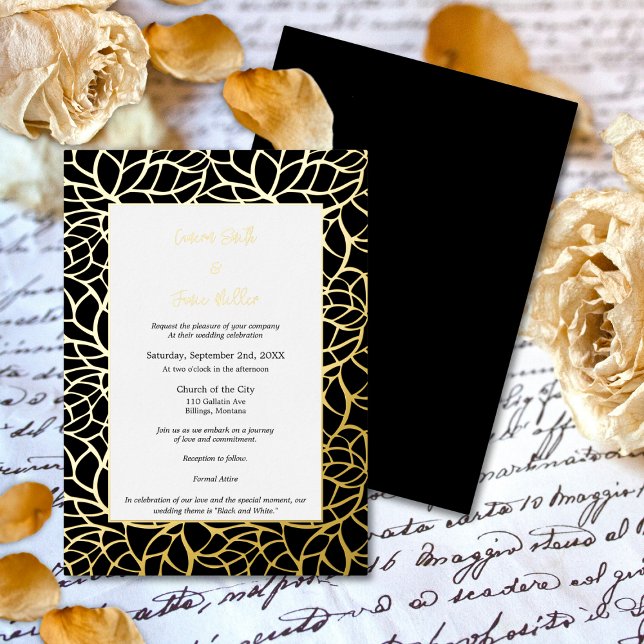 Relieve metalizado dorado negro deja tarjeta de in (Black Gold Foil Leaves Wedding Invitation Card)