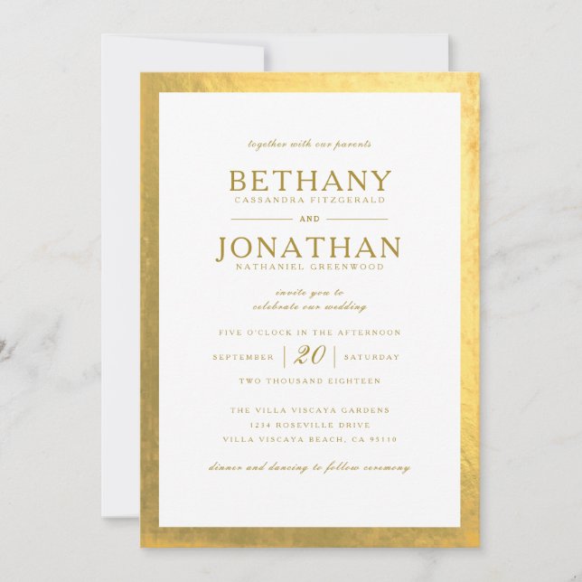 Relieve metalizado dorado sobre la invitación a la (Anverso)