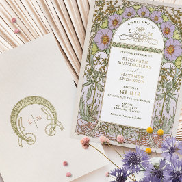 Relieve Metalizado Elegante Invitación de Boda Art Nouveau con Hoja d