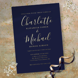 Relieve Metalizado Elegante Invitación de Boda Azul Marino con Oro de