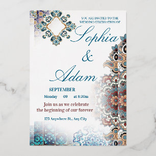 Relieve Metalizado Elegante Invitación de Boda con Azulejos Marroquíe
