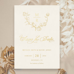 Relieve Metalizado Elegante Invitación de Boda con Caligrafía Botánic