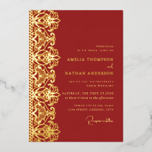 Relieve Metalizado Elegante Invitación de Boda con Encaje Dorado y Ro