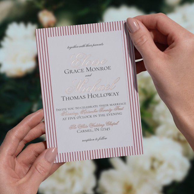 Relieve Metalizado Elegante Invitación de Boda con Franja Roja de Let (Formally invite guests to your big day with this Elegant Old Money Script Thin Stripe Foil Card!)