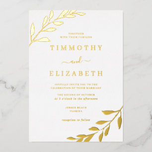Relieve Metalizado Elegante Invitación de Boda con Hojas de Oro