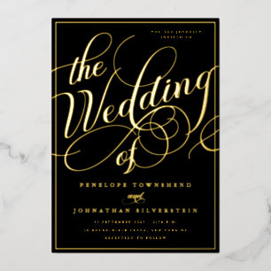 Relieve Metalizado Elegante Invitación de Boda con Letra Negra Script