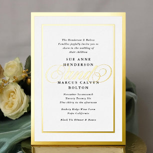 Relieve Metalizado Elegante Invitación de Boda con Marco de Oro en Ca