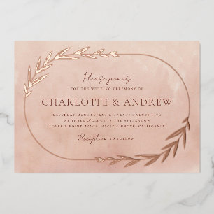 Relieve Metalizado Elegante Invitación de Boda con Rama Floral y Hoja