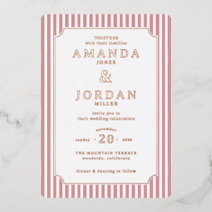 Relieve Metalizado Elegante Invitación de Boda con Rayas Rosadas
