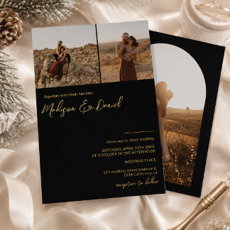 Relieve Metalizado Elegante Invitación de Boda Moderna con Tres Fotos