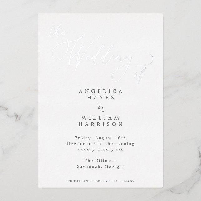 RELIEVE METALIZADO ELEGANTE INVITACIÓN DE BODAS CON LETRA SCRIPT PLAT (Anverso)