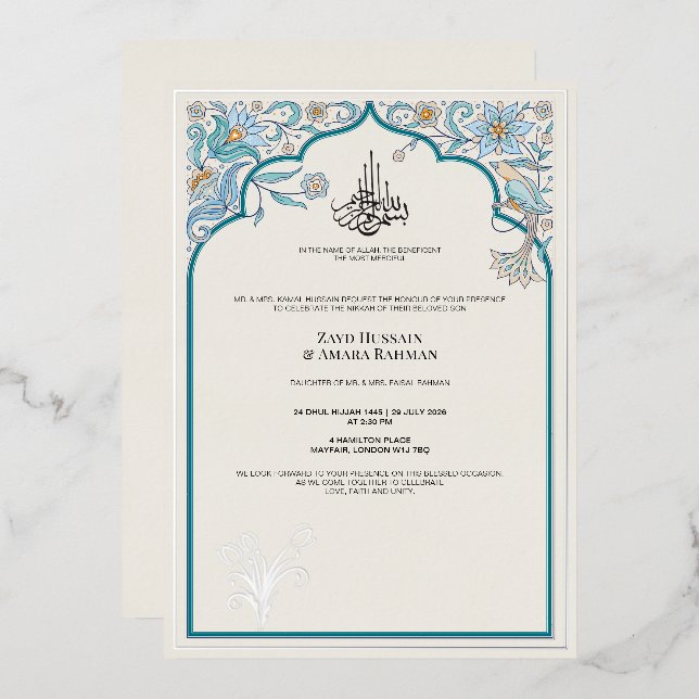 Relieve Metalizado Elegante Invitación de Bodas Islámica con Papel Al (Anverso/Reverso)