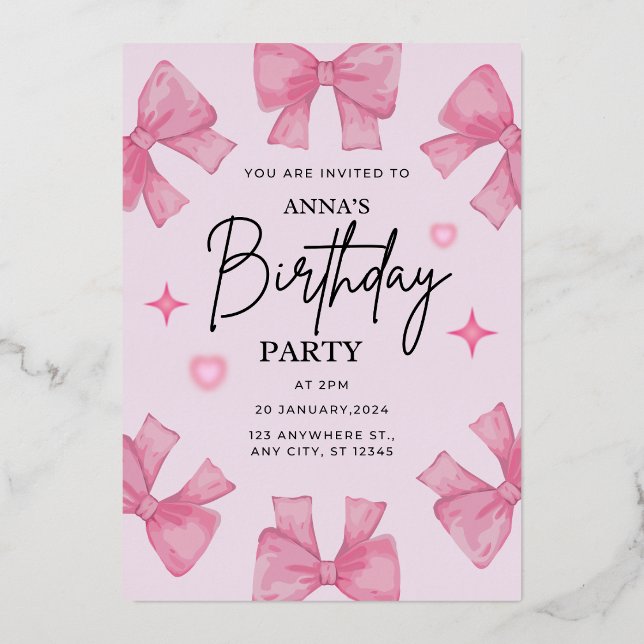 Relieve Metalizado Elegante invitación de cumpleaños con diseño Bow (Anverso)