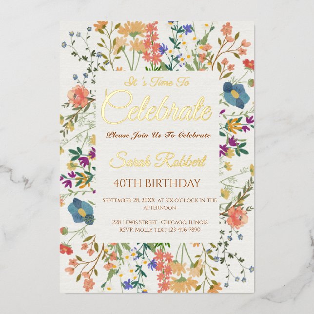 Relieve Metalizado Elegante invitación de cumpleaños con flores silve (Anverso)
