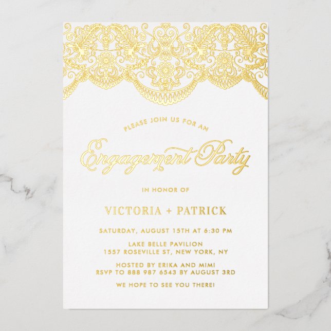 Relieve Metalizado Elegante Invitación de Fiesta de Compromiso con En (Anverso)