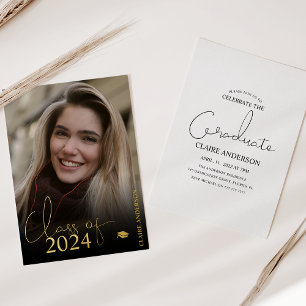 Relieve Metalizado Elegante Invitación de Graduación con Foto y Hojal