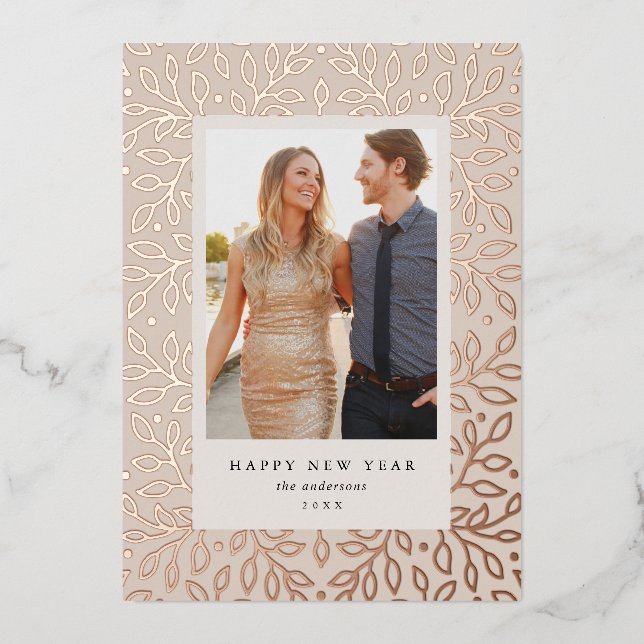 Relieve metalizado floral Feliz Año Nuevo tarjeta  (Anverso)