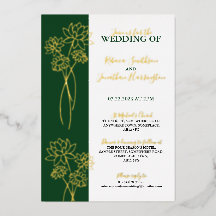Flores Doradas Invitación de Boda con Foto Verde e