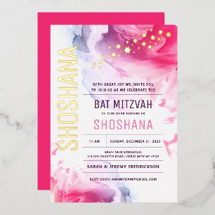 Relieve Metalizado Invitación a la acuarela de Bat Mitzvah con ORO RE