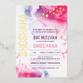 Relieve Metalizado Invitación a la acuarela de Bat Mitzvah con ORO RE